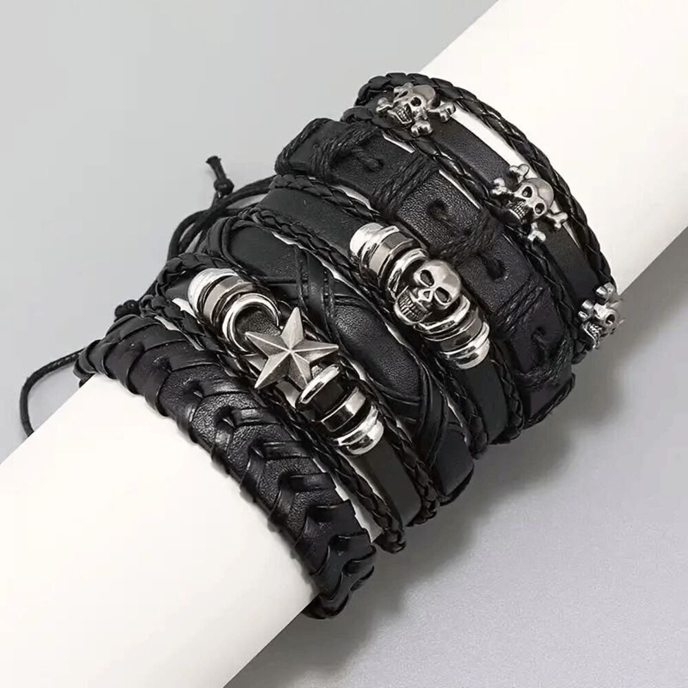 BLACK LEATHER SKULL STAR BRACELET SET